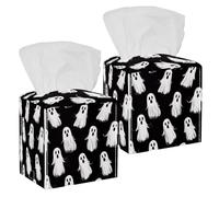 Tissue Box Cover, Square with Bottom Strap, PU Leather Tissue Holder for Bathroom Countertop Night Stands Desk Office Car, Halloween Ghosts Spooky Pattern