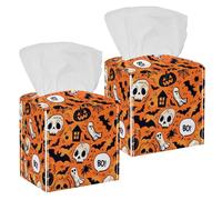 Tissue Box Cover, Square with Bottom Strap, PU Leather Tissue Holder for Bathroom Countertop Night Stands Desk Office Car, Halloween Orange Pumpkins Skulls Bats Ghosts