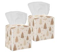 Tissue Box Cover, Square with Bottom Strap, PU Leather Tissue Holder for Bathroom Countertop Night Stands Desk Office Car, Beige Pastel Christmas Tree Pattern