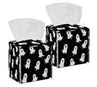 Tissue Box Cover, Square with Bottom Strap, PU Leather Tissue Holder for Bathroom Countertop Night Stands Desk Office Car, Cute Halloween Ghosts Spooky Pattern