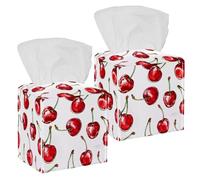 Tissue Box Cover, Square with Bottom Strap, PU Leather Tissue Holder for Bathroom Countertop Night Stands Desk Office Car, Red Cherry Fruit Hand Drawn Seamless Pattern