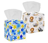 Tissue Box Cover, Square with Bottom Strap, PU Leather Tissue Holder for Bathroom Countertop Night Stands Desk Office Car, Cute Watercolor Lion Koala and Panda Sleeping on Moon
