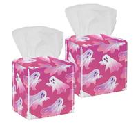 Tissue Box Cover, Square with Bottom Strap, PU Leather Tissue Holder for Bathroom Countertop Night Stands Desk Office Car, Halloween Spooky Cartoon Ghosts on Pink Background