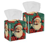 Tissue Box Cover, Square with Bottom Strap, PU Leather Tissue Holder for Bathroom Countertop Night Stands Desk Office Car, Laughing Santa Claus