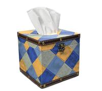 Tissue Box Cover Square with Lid PU Leather & Wood Tissue Box Holder Decorative Facial Cube Organizer Modern Farmhouse Decor for Bathroom Bedroom Dresser Living Room Office Dorm (Blue)
