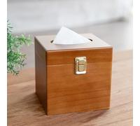 Tissue Box Cover Square - Wooden Tissue Box Holder with Retro Metal Switch, Toilet Paper Holder, Solid Wood Countertop Bathroom Accessories, Home Decor for Living Room (Wood with Right edges)