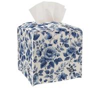 Tissue Box Cover -White and Blue Flowers PU Leather Tissue Box Holder with Elastic Bottom Strap,5x5Inch Retro Floral Tissue Box Decor for Bathroom Countertop, Nightstand, Office Desk, Car, Bedroom