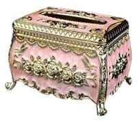 Tissue Box,Creative Embossed Roses And Rhinestones Rectangular Acrylic Tissue Cover Holder Tissue Box Cover Dispenser Napkin Organizer for Bathroom Bedroom Office and Car(Gold Pink)