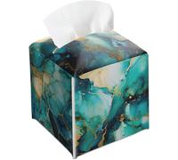 Tissue Box Holder Gifts, Waterproof Leather Tissue Box Cover Square, Teal & Gold Alcohol Ink, Christmas Birthday Gifts Idea, Decorative Facial Paper Case for Home Office Bathroom Vanity-A07
