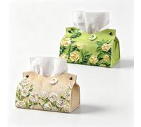 Tissue Box Holder, Vintage Floral Oil Painting Tissue Box Cover(Pink+Green) | PU Leather Tissue Holder with Pure Copper Snap Buttons, Waterproof & Durable Organizer for Home, Bathroom, Office & Car