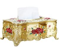 Tissue dispenser， Creative Embossed Roses And Rhinestones Rectangular Acrylic Tissue Box Cover(Gold Red)