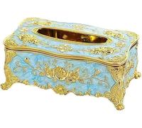 Tissue dispenser， Creative Embossed Roses And Rhinestones Rectangular Acrylic Tissue Box Cover(Light Blue Gold)