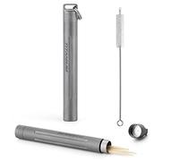 TISUR Titanium Toothpick Holder Portable Waterproof Metal Toothpicks Holder-with Small Key Ring & Mini Tooth Pick Holder Cleaning Brush(Grey)