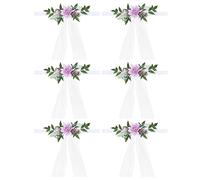 TITA-DONG Artificial Flowers with with Gauze, 6Pack Wedding Aisle Chair Decorations,Party Chair Decor with Artificial Flowers Eucalyptus, Church Chair Bench Pew Bows for Wedding Ceremony(Purple)