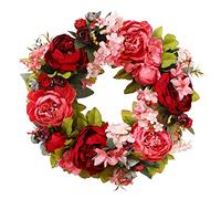 TITA-DONG Artificial Flowers Wreath for Front Door, 15.7in Front Door Wreath, Faux Peony Flower Wreath, Bright Colors Wall Floral Wreath for Indoor Outdoor Wedding Wall Decoration(Red)