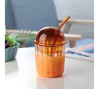 TITA-DONG Cute Drinking Glasses with Glass Dome Lid and Straw, Reusable Wide Mouth Smoothie Cups 15oz Glass Coffee Iced Cup Tumbler Glass Bubble Tea Cup for Coke Soda Home Office Bar(Brown)