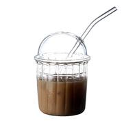 TITA-DONG Cute Drinking Glasses with Glass Dome Lid and Straw, Reusable Wide Mouth Smoothie Cups 15oz Glass Coffee Iced Cup Tumbler Bubble Tea Cup for Coke Soda Home Office Bar (White)