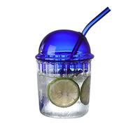 TITA-DONG Cute Drinking Glasses with Glass Dome Lid and Straw, Reusable Wide Mouth Smoothie Cups 15oz Glass Coffee Iced Cup Tumbler Glass Bubble Tea Cup for Coke Soda Home Office Bar(Blue)