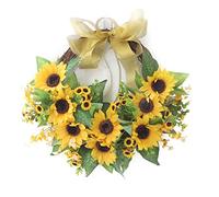 TITA-DONG Durable Yellow Silk Sunflower Decoration, 15.7inch Artificial Sunflower Wreath for Front Door, Decorative Fake Flower Wreath with Sunflower and Bowknot, Spring Summer Front Door Wreath(B2)