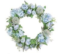 TITA-DONG Spring Wreath Silk Peony Wreath with Green Leaves, Artificial Hydrangea and Peony Flower Wreath for Front Door, Welcome Front Door Wreath for Wedding Wall Home Decor(Blue)