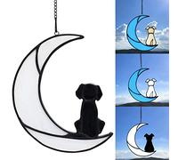 TITA-DONG Sun Catcher for Window Panels Halloween Ornaments, Stained Glass Pet Dog Memorial Gifts for Dog Lovers, Dog On Moon Art Suncatcher Stained Glass Panel Wall Window Decoration(White & Black)