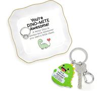 Titanape Dinosaur Jewelry Tray & Keychain Set, Cute Dino-Mite Awesome Ceramic Trinket Ring Dish, Unique Positivity Christmas Birthday Gift for Women Girls Friends Her