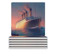 Titanic Sailing Ship on The Sunset Coasters Square Ceramic Tiles for Crafts with Cork Base Tabletop Protection Home Decor 6PCS