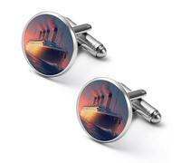 Titanic Sailing Ship on The Sunset Cufflinks for Men Classic Round Cuff Links Black Match Tie Clips for Business Wedding Graduation 2.0cm