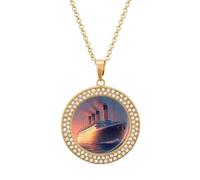 Titanic Sailing Ship on The Sunset Round Pendant Necklace Diamond Edging Brilliant Personalized Jewelry Gifts for Women Golden-style
