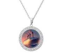Titanic Sailing Ship on The Sunset Round Pendant Necklace Diamond Edging Brilliant Personalized Jewelry Gifts for Women Silver-style