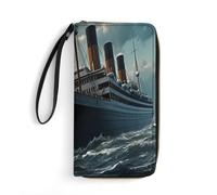 Titanic Sailing Ship Wristlet Wallets for Men Women Leather Long Wallet Credit Card Clutch with Cord