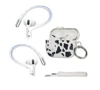 Titanium Alloy Ear Hooks + Case Cover for AirPods Pro 3 Case 2025[Added Anti-Lost Lanyard],with Safty Lock & Phone Stand Accessories That Fit Securely，Anti-Slip Earhook Anti-Fall case（Cow White）