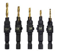 Titanium Coated 5 Pcs Countersink Drill Bit Set High-Speed Steel, Suitable Hard Soft Wood for, Countersink Efficient Tools