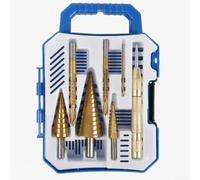 Titanium Coated 7-Piece Step Drill Bit Set with Center Punch for Improved Edge Retention on Abrasive Materials
