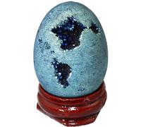 Titanium Coated Agate Geode Crystal Sphere Ball with Wooden Stand, Rainbow Druzy Quartz Stone Gift Ornament,Light blue-40mmx30mm Gemstone Stone