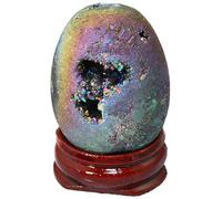 Titanium Coated Agate Geode Crystal Sphere Ball with Wooden Stand, Rainbow Druzy Quartz Stone Gift Ornament,Color-40mmx30mm Gemstone Stone