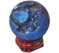 Titanium Coated Agate Geode Crystal Sphere Ball with Wooden Stand, Rainbow Quartz Stone Gift Ornament,Dark blue-40mm Gemstone Stone