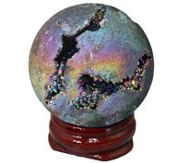 Titanium Coated Agate Geode Crystal Sphere Ball with Wooden Stand, Rainbow Quartz Stone Gift Ornament,purple-40mm