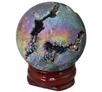 Titanium Coated Agate Geode Crystal Sphere Ball with Wooden Stand, Rainbow Quartz Stone Sphere Gift Ornament,purple-40mm