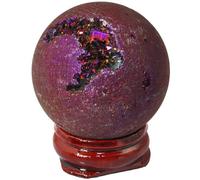 Titanium Coated Agate Geode Crystal Sphere Ball with Wooden Stand, Rainbow Quartz Stone Sphere Gift Ornament,Color-40mm