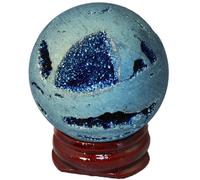 Titanium Coated Agate Geode Crystal Sphere Ball with Wooden Stand, Rainbow Quartz Stone Sphere Gift Ornament,Light blue-40mm