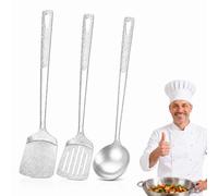 Titanium Cooking Utensils, Hammered Kitchen Tools for Woks (3Set-2) | Long-Handled Spatula and Ladle Options with Hanging Holes for Woks and Pots, Frying, Flipping, Stirring and Draining