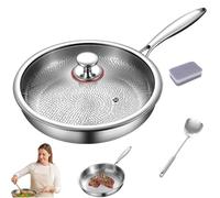 Titanium Hammered Pan Pro with Lid, Pure Titanium Pans, Includes a Spatula/Dish Sponge, Non-Stick, 5 Layer Titanium Alloy, Fast Even Heating Stainless Steel Frying Pan for All Cooktops 11.0in