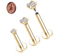 Titanium Labret Piercing Jewellery Gold Labret Studs Cartilage Earring 16G Helix Piercing Internally Threaded Lip Stud Flat Back Lobe Earring with CZ Monroe Medusa Ring Conch Stud Sets 3 PCS