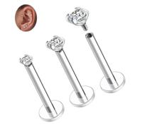 Titanium Lip Stud Labret Jewellery Silver Labret Stud Cartilage Earring 16G Helix Piercing 10 mm Internally Threaded Lip Jewellery Flat Back Lobe Earring with CZ Monroe Medusa Conch Stud 3 PCS