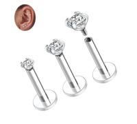Titanium Lip Stud Labret Jewellery Silver Labret Stud Cartilage Earring 16G Helix Piercing 6 mm Internally Threaded Lip Jewellery Flat Back Lobe Earring with CZ Monroe Medusa Conch Stud 3 PCS