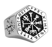 Titanium Stainless Steel Vegvisir Compass Ring with Viking Runes Punk Nordic Valknut and Tree of Life Symbols Ring for Men Women Size P 1/2