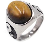 Titanium Steel Bagua Ring for Men Vintage Amber Stone Inlaid Oriental Culture Jewelry Gift