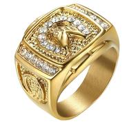 Titanium Steel Gold Plated Horse Head Ring with CZ Stones Men's Hip Hop Jewelry Punk Streetwear Gift
