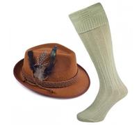 Titch & Timbo Bavarian Oktoberfest Brown Felt Hat with Feather Detail and Cream Wool Blend Knee-High Socks, Adult One Size